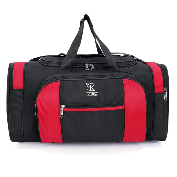 KUJRA_Large_Travel_Duffle_Bag_with_Wheels_|_Water-Resistant_Luggage_Suitcase_for_Men_&_Women_|_Lightweight_Weekend_Overnight_Cargo_Bag_with_Shoulder_Strap_(Black_&_Red)