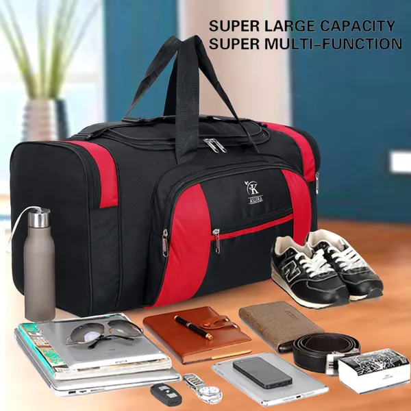 KUJRA_Large_Travel_Duffle_Bag_with_Wheels_|_Water-Resistant_Luggage_Suitcase_for_Men_&_Women_|_Lightweight_Weekend_Overnight_Cargo_Bag_with_Shoulder_Strap_(Black_&_Red)