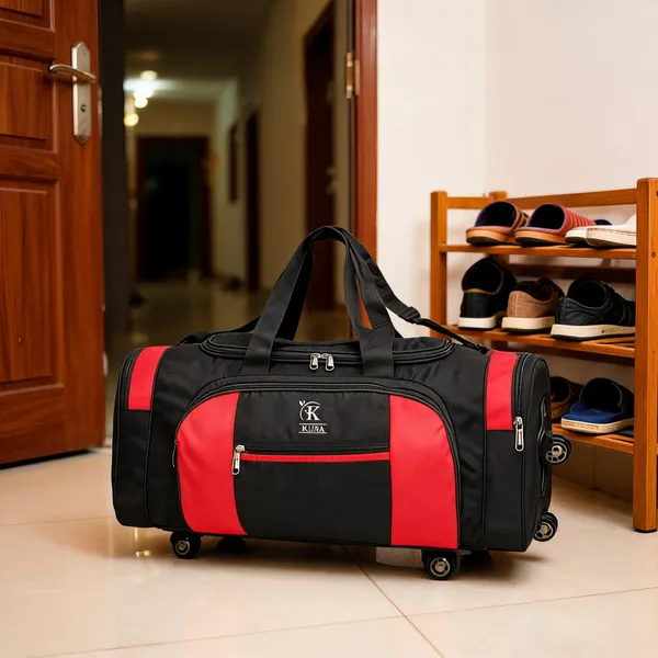 KUJRA_Large_Travel_Duffle_Bag_with_Wheels_|_Water-Resistant_Luggage_Suitcase_for_Men_&_Women_|_Lightweight_Weekend_Overnight_Cargo_Bag_with_Shoulder_Strap_(Black_&_Red)