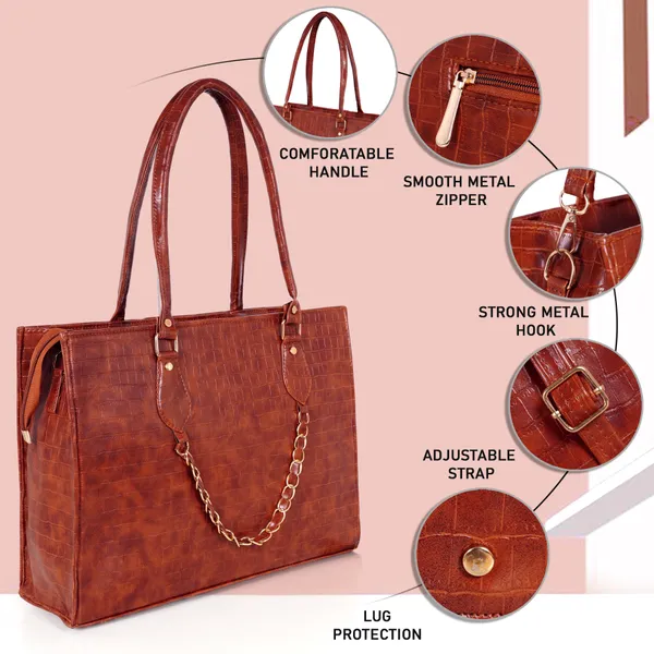 Kujra_Croc-Textured_Structured_Laptop_Tote_Bag_for_Women_Waterproof_Shoulder_Bag_(Tan,_30_L)