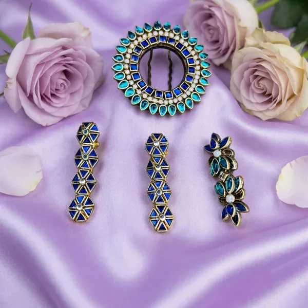 Blue_Rama_Green_Kundan_Gold_Plated_Floral_Hair_Accessories_4_Pieces_combo