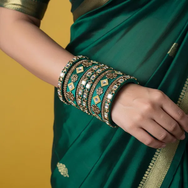 Emerald_Green_Designer_Bangles_Set_|_Gold-Tone_Floral_&_Square_Stone_Embellished_Traditional_Chura_for_Women