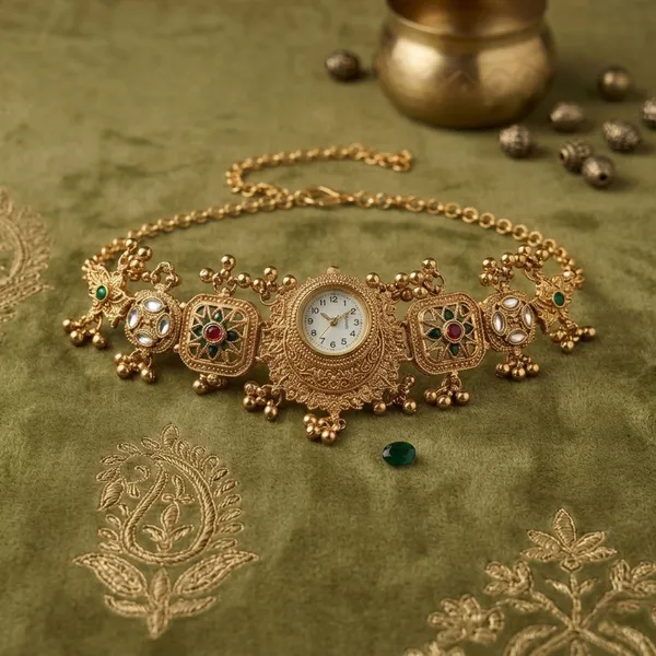 Green_&_Maroon_Kundan_Matte_Gold_Traditional_Bracelet_Watch_for_Women