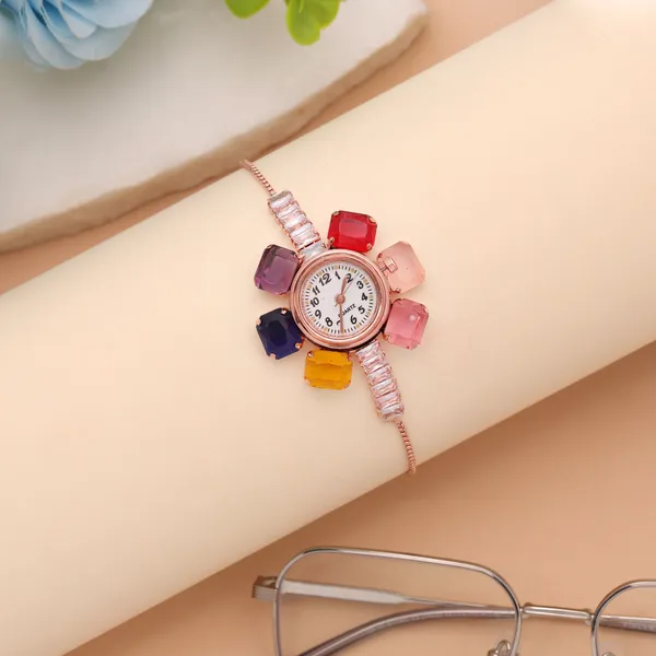 Multicolour_Stone_Embellishe_white_Gold_Adjustable_Bracelet_Watch