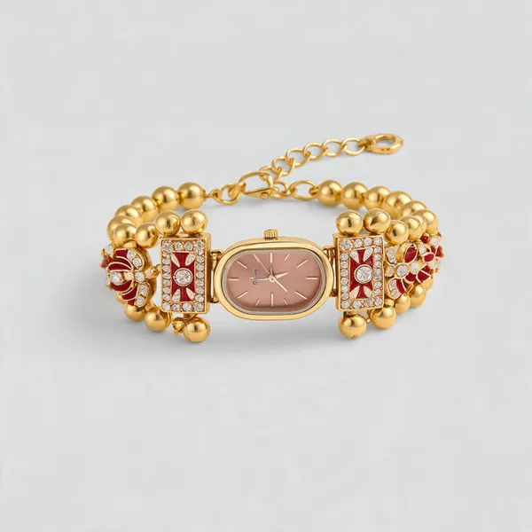 Women'S_Maroon_Kundan_Bracelet_Watch_Gold-Plated_Traditional_Ethnic_Jewellery_Watch
