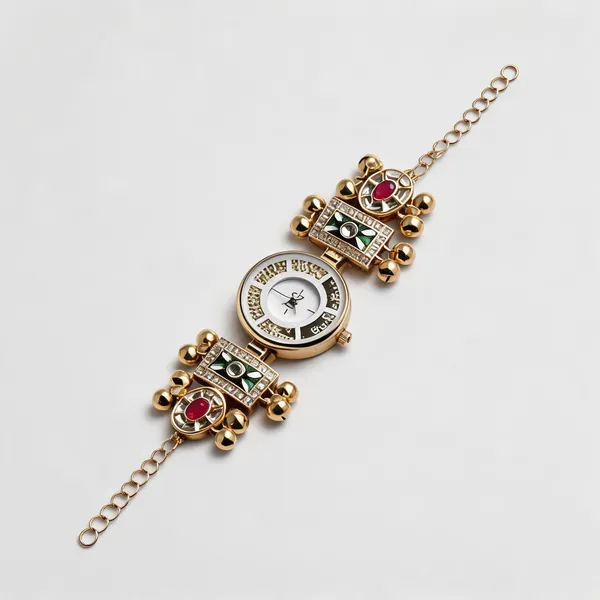 Women'S_Traditional_Kundan_&_Rhinestone_Pink_&_Green_Gold-Plated_Bracelet_Watch
