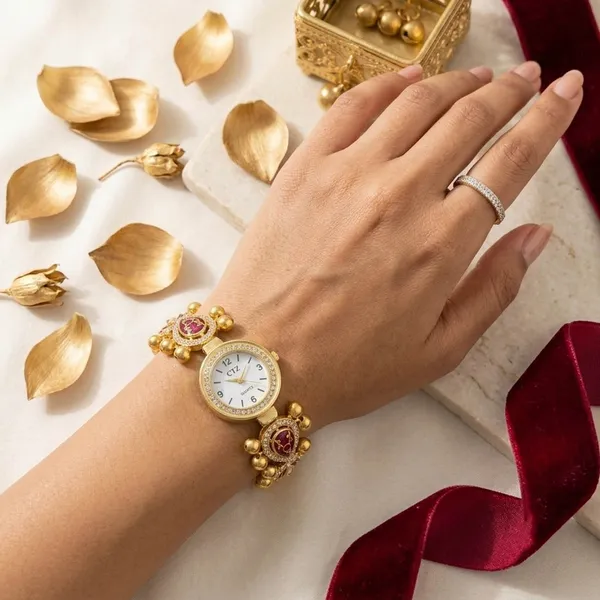 Women's_Maroon_&_Pink_Kundan_Gold-Plated_Traditional_Bracelet_Watch