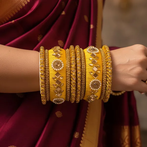 Yellow_Silk_Thread_Designer_Bangles_with_Golden_Stone_Work