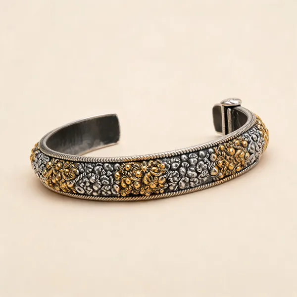 Antique_Gold_And_Silver_Tone_Floral_Embossed_Cuff_Bangle_Bracelet_For_Women