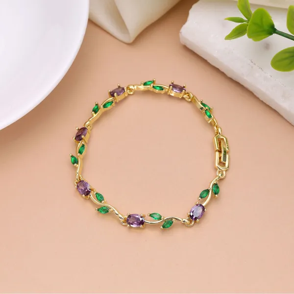 purple&_Green_color_tulip_Ruby_Stone_Gold-Plated_Bracelet_for_Women_|_Elegant_Leaf_Design_Fashion_Jewellery