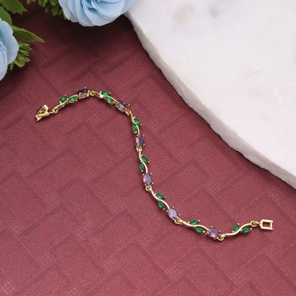 purple&_Green_color_tulip_Ruby_Stone_Gold-Plated_Bracelet_for_Women_|_Elegant_Leaf_Design_Fashion_Jewellery