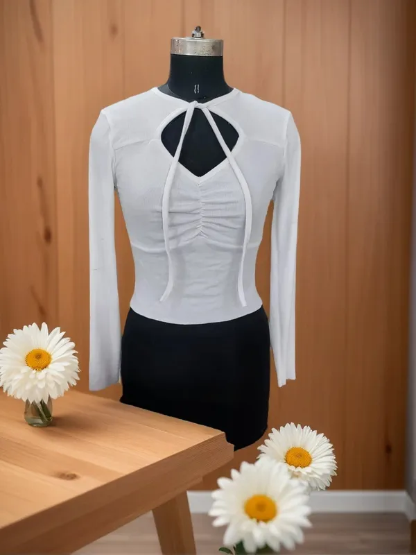 White_Ruched_Cutout_Long_Sleeve_Top_for_Women