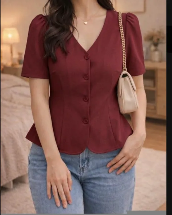 Burgundy_Button_Front_Short_Sleeve_Top_for_Women