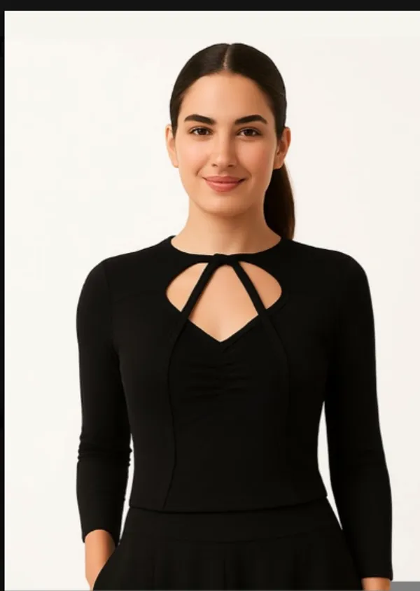 Black_Fitted_Tie_Neck_Long_Sleeve_Top_for_Women