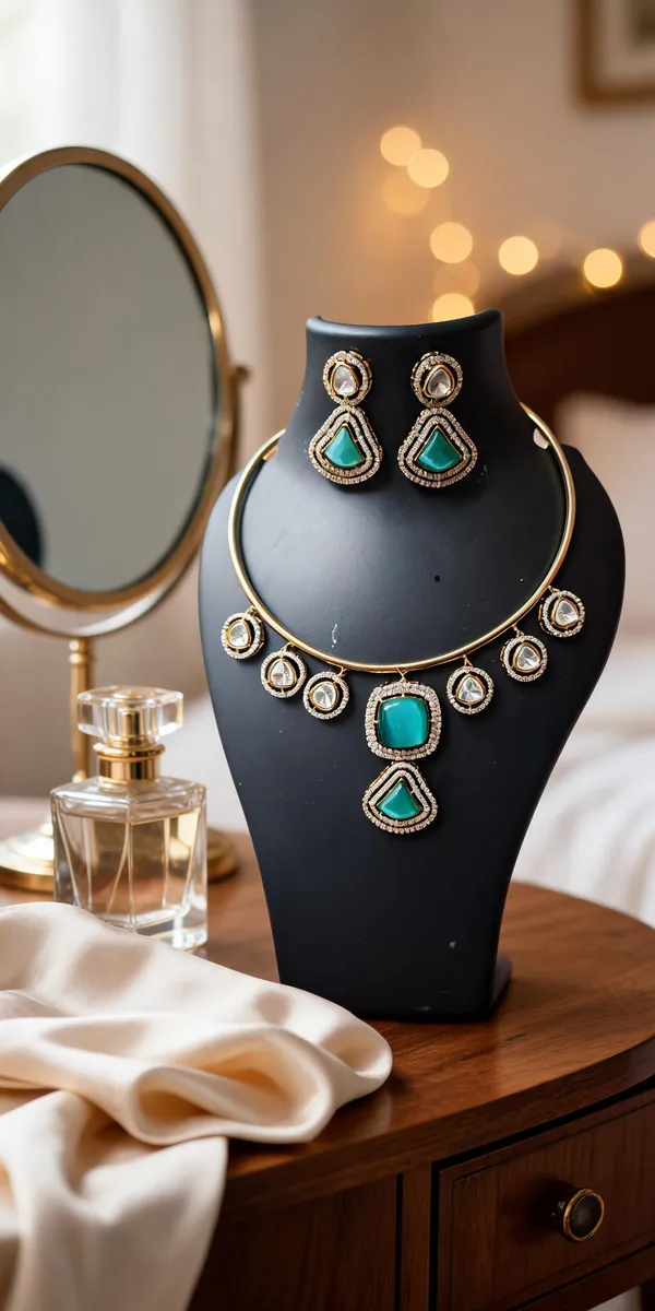 Gold_And_Teal_Anti_Tarnish_Necklace_&_Earrings_Set_For_Women
