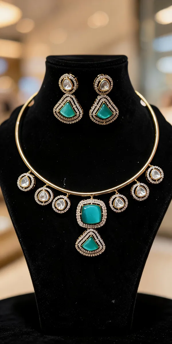 Gold_And_Teal_Anti_Tarnish_Necklace_&_Earrings_Set_For_Women