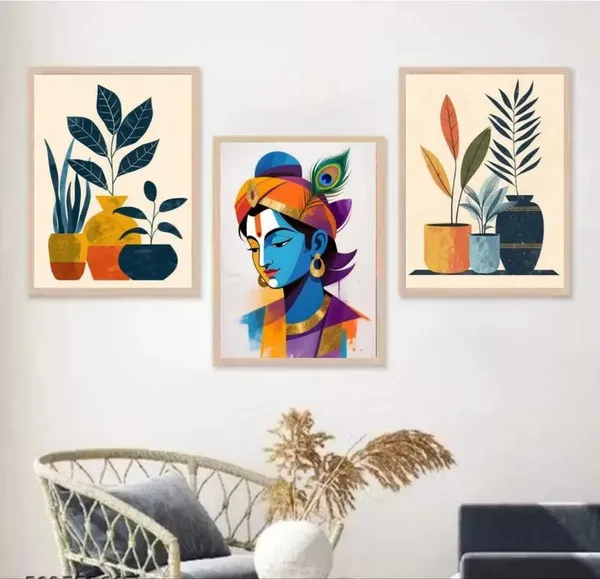 Wood_Contemporary_Botanical_Krishna_Art_Print_Wall_Frame_Set_Of_3