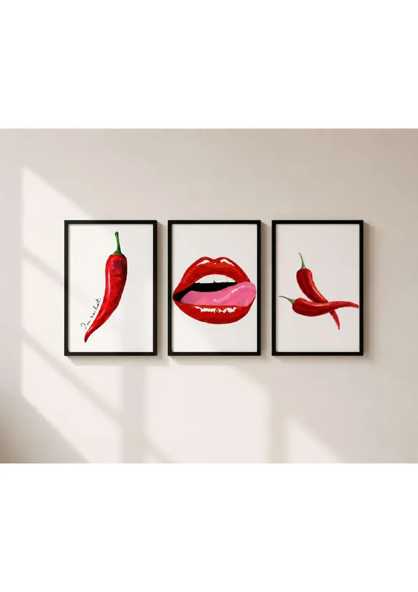 Wood_Modern_Chili_And_Lips_Art_Print_Wall_Frame_Set_Of_3