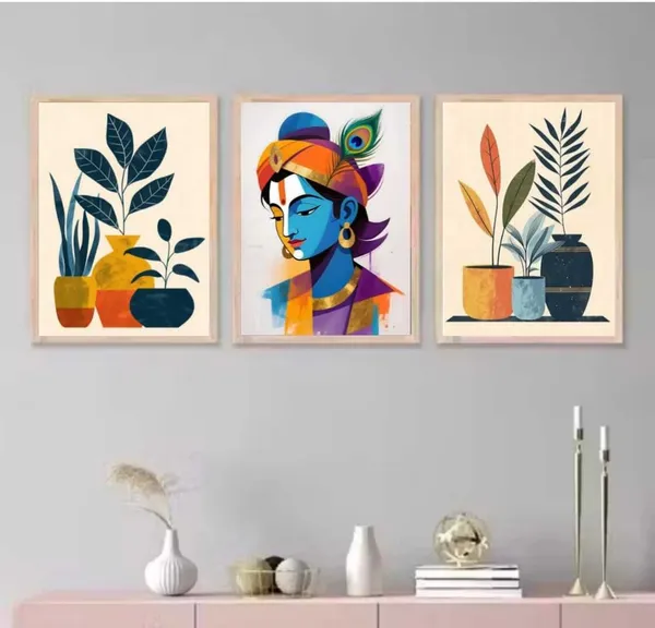 Wood_Contemporary_Botanical_Krishna_Art_Print_Wall_Frame_Set_Of_3