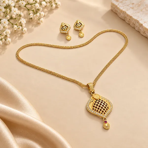 Gold_Alloy_Lattice_Pendant_Necklace_And_Earrings_Set_For_Women