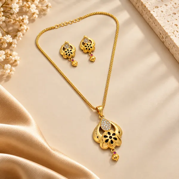 Gold_Alloy_Floral_Pendant_Necklace_And_Earrings_Set_For_Women