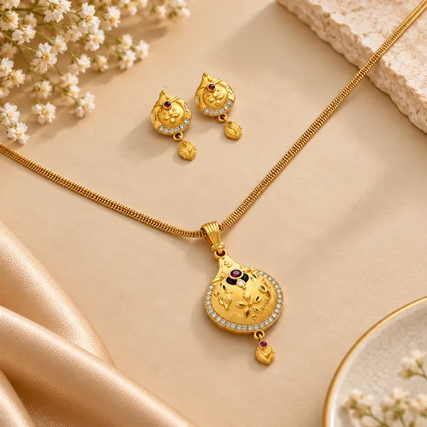 Gold_Alloy_Teardrop_Pendant_Necklace_And_Earrings_Set_For_Women