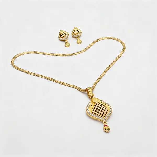Gold_Alloy_Lattice_Pendant_Necklace_And_Earrings_Set_For_Women