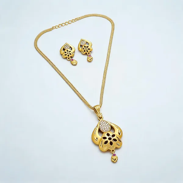 Gold_Alloy_Floral_Pendant_Necklace_And_Earrings_Set_For_Women