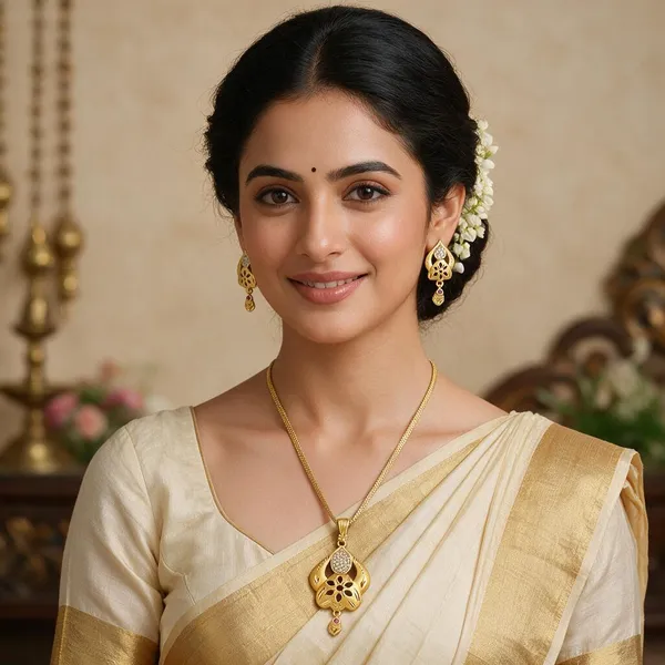 Gold_Alloy_Floral_Pendant_Necklace_And_Earrings_Set_For_Women