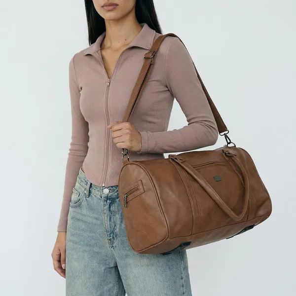Travel_Duffle_Bag_For_Men_Women_30l_Rexine_Material_Lightweight_Waterproof_Carry_Bag_With_4_Compartments_Gym_Bag_Weekender_Bag_Cabin_Luggage_Overnight_Travel_Bag_Tan
