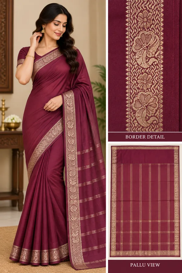 Maroon_Semi_Crepe_Floral_Border_Saree_For_Women