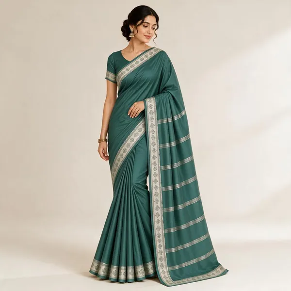 Teal_Semi_Crepe_Printed_Border_Saree_For_Women