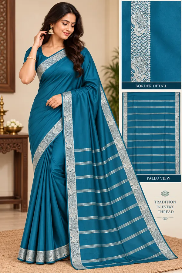 Teal_Blue_Semi_Crepe_Traditional_Border_Saree_For_Women