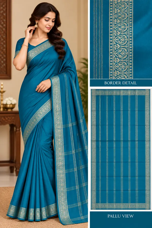 Teal_Semi_Crepe_Traditional_Border_Saree_For_Women