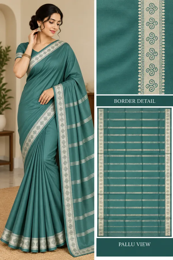 Teal_Semi_Crepe_Printed_Border_Saree_For_Women
