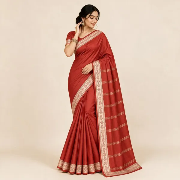 Red_Semi_Crepe_Traditional_Border_Saree_For_Women