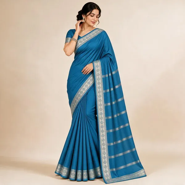 Blue_Semi_Crepe_Printed_Border_Saree_For_Women