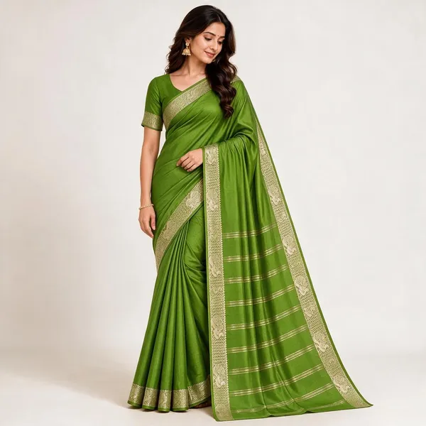 Green_Semi_Crepe_Traditional_Border_Saree_For_Women