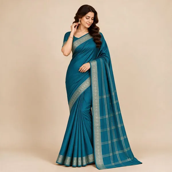 Teal_Semi_Crepe_Traditional_Border_Saree_For_Women