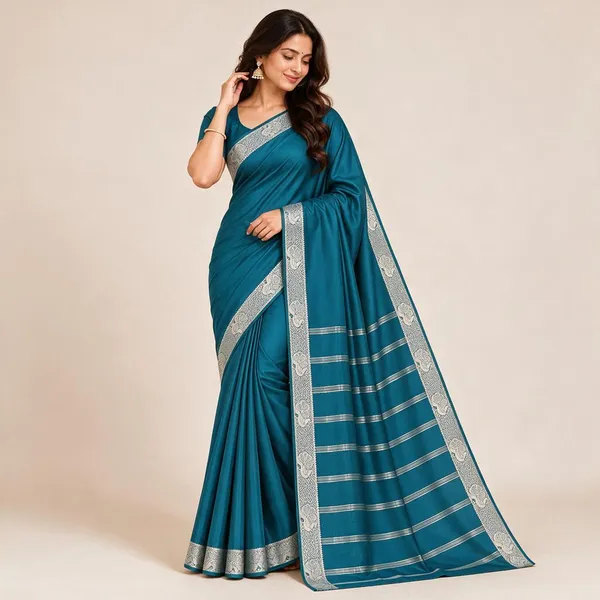 Teal_Blue_Semi_Crepe_Traditional_Border_Saree_For_Women