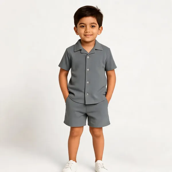 Grey_Cotton_Casual_Coord_Shirt_Shorts_Set_For_Boys