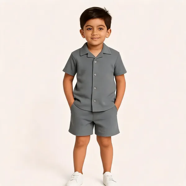 Grey_Cotton_Casual_Coord_Shirt_Shorts_Set_For_Boys