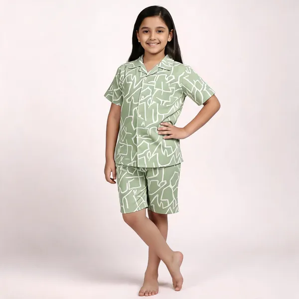 Green_Cotton_Casual_Shirt_Shorts_Set_For_Girls
