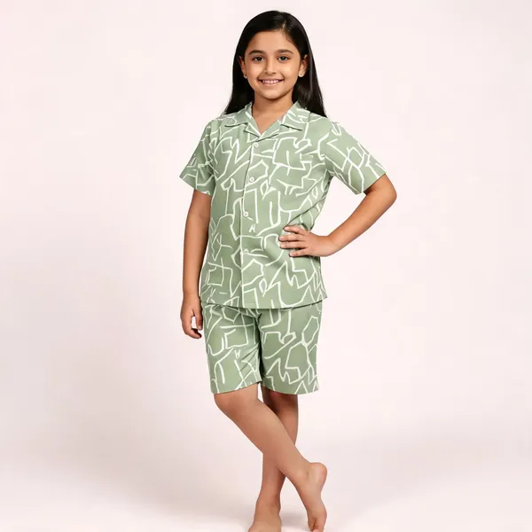 Green_Cotton_Casual_Shirt_Shorts_Set_For_Girls