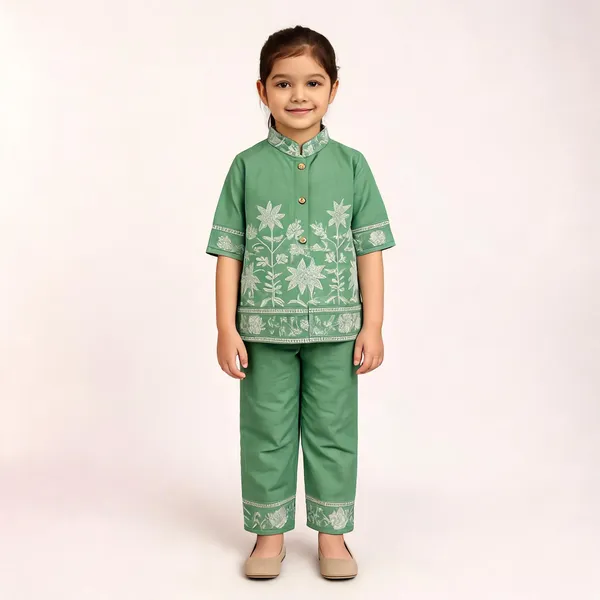 Green_Cotton_Embroidered_Kurta_Pant_For_Girls