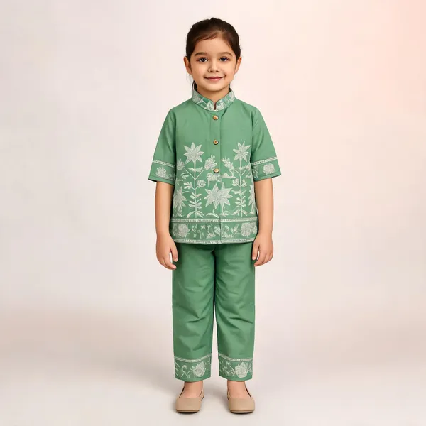 Green_Cotton_Embroidered_Kurta_Pant_For_Girls