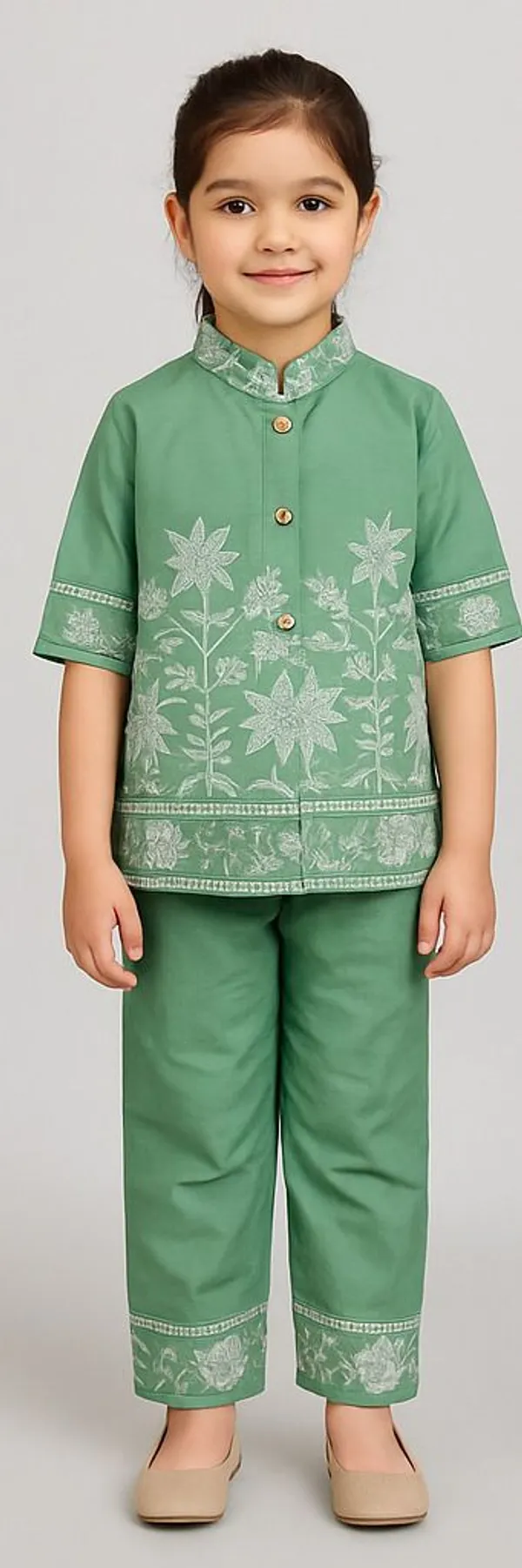 Green_Cotton_Embroidered_Kurta_Pant_For_Girls