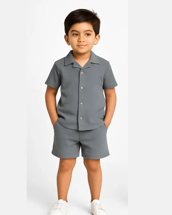 Grey_Cotton_Casual_Coord_Shirt_Shorts_Set_For_Boys