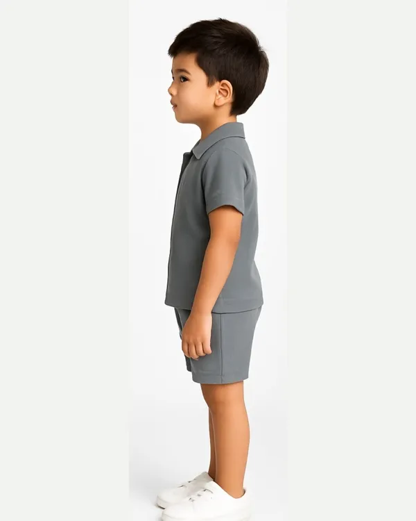 Grey_Cotton_Casual_Coord_Shirt_Shorts_Set_For_Boys