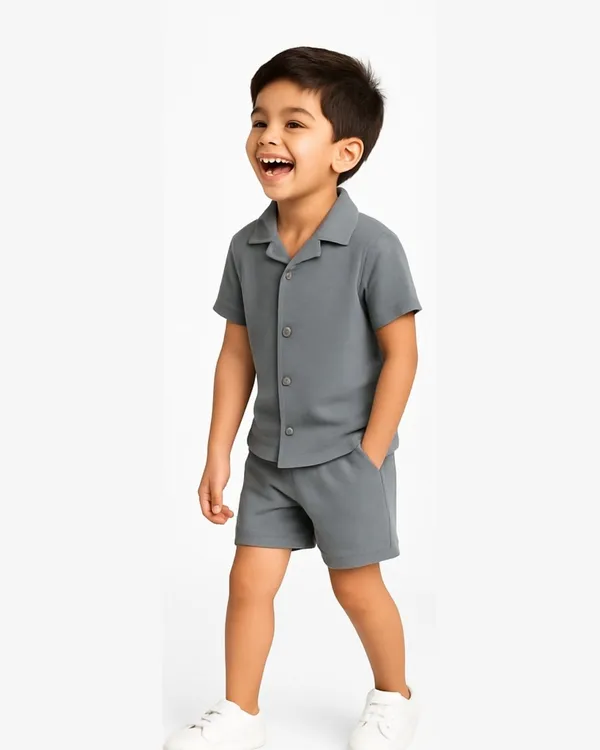 Grey_Cotton_Casual_Coord_Shirt_Shorts_Set_For_Boys